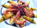 Receta Ensalada de mango, langostinos y humus de remolacha