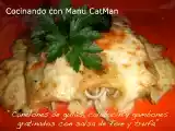 Receta Canelones de gulas, calabacín y gambones gratinados con salsa de foie y trufa