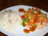 Receta Wok de verduras y gambas con chutney de mango y arroz basmati