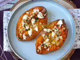 Receta Boniato asado con huevo, queso feta, miel y nueces