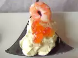 Receta Cucharita de crema de queixo do cebreiro con gambas y huevas de salmón.-