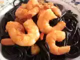 Receta Spaghetti al nero di seppia con langostinos al pil pil