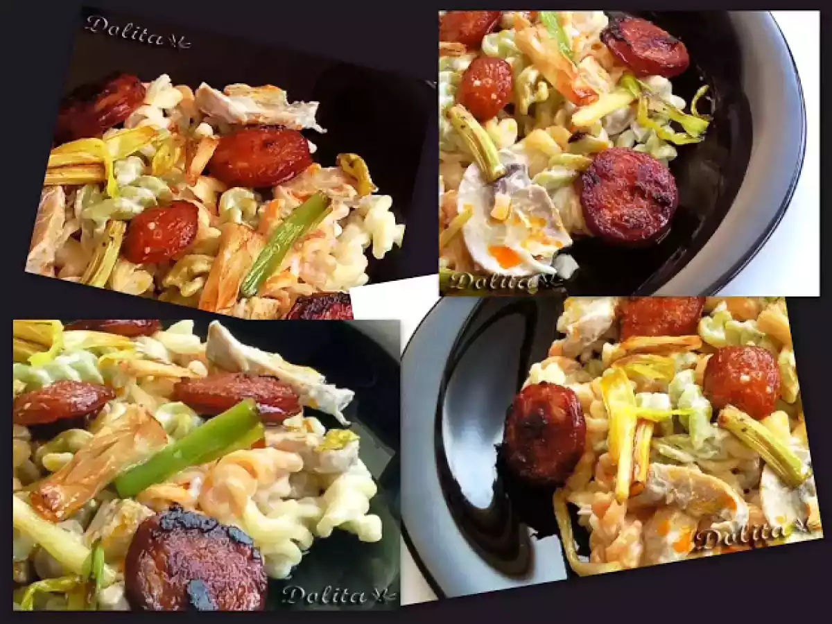 Fusilli con salsa de queso, champiñones y chorizo - foto 2