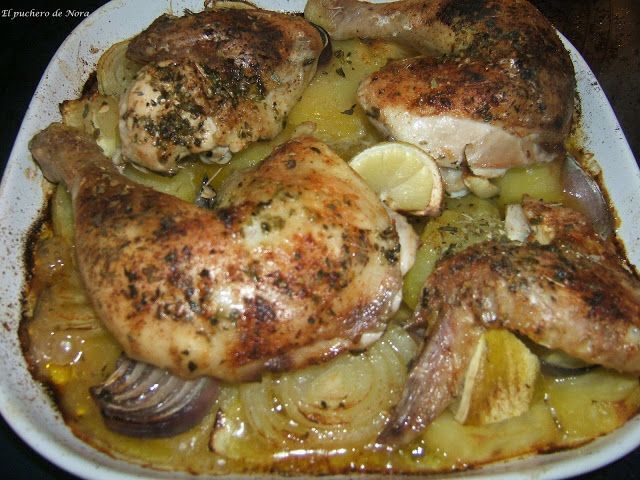 Pollo asado al limón con patatas y cebolla - Receta Petitchef