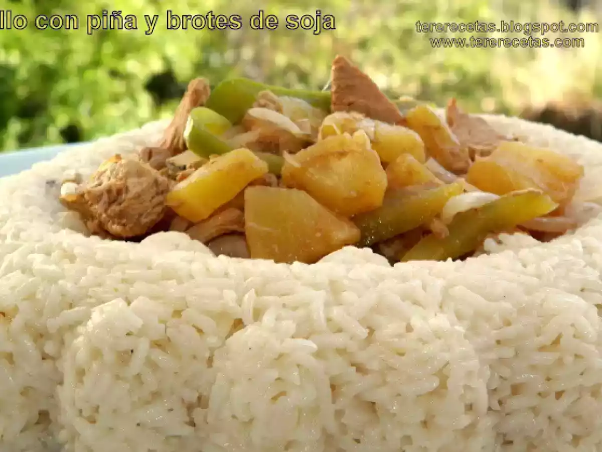 Pollo con piña y brotes de soja.