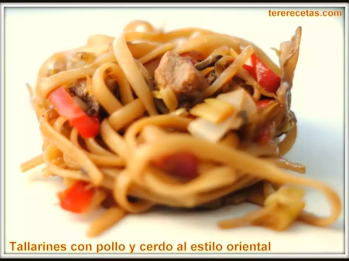 Ricos tallarines con pollo y cerdo al estilo asiático.